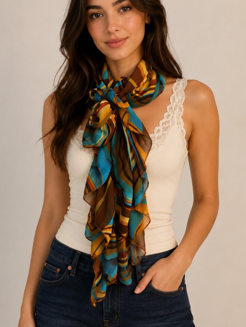 Vintage Retro Mod Striped Chiffon Ruffle Scarf in Teal and Brown